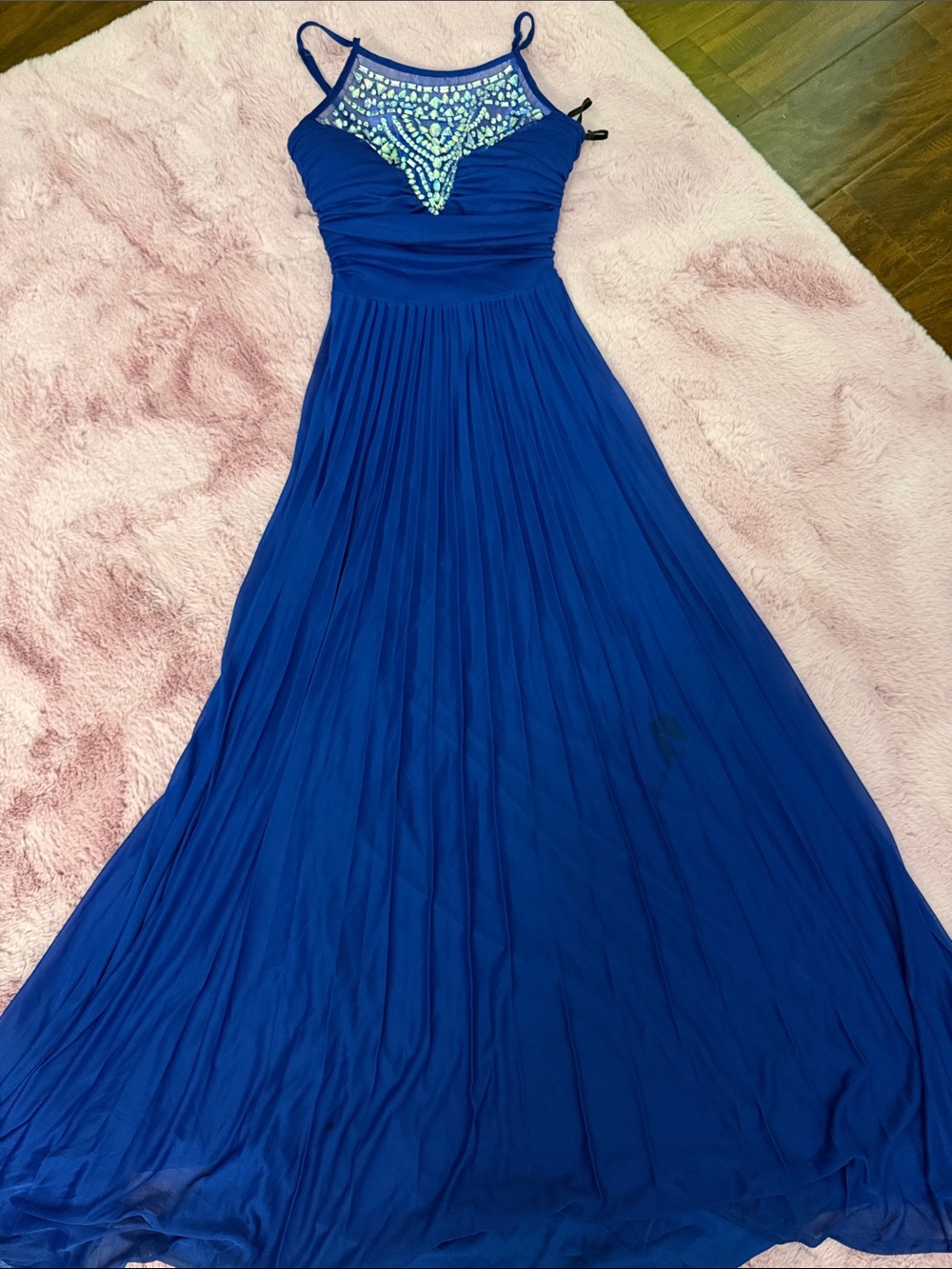 B Darlin Royal Blue Maxi Dress with Beaded Illusion Yoke